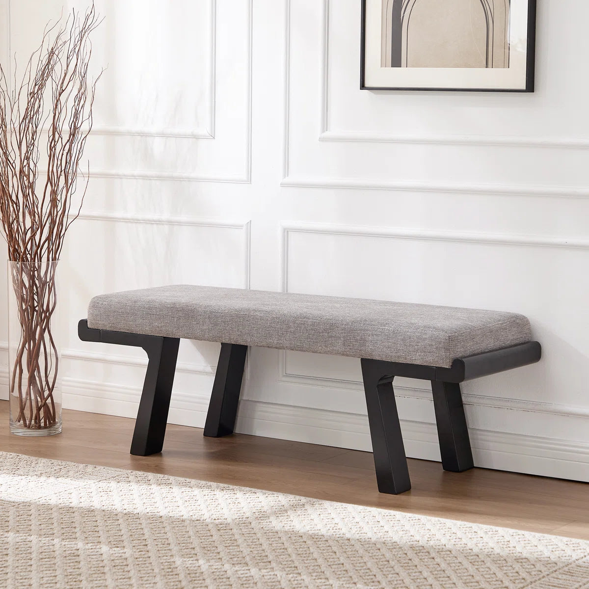 Gabriella Gray Cotton Linen Upholstered Four Leg Rubberwood Bench with Black Frame