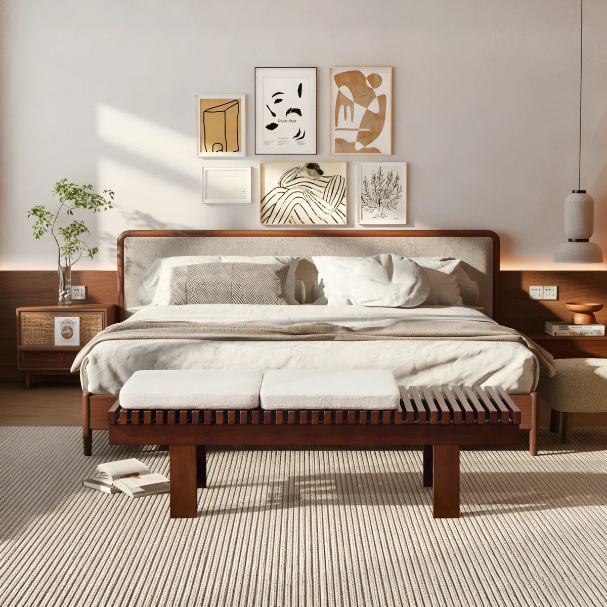 Okoboji 59.5" Mid-Century Solid Wood Slatted Bench