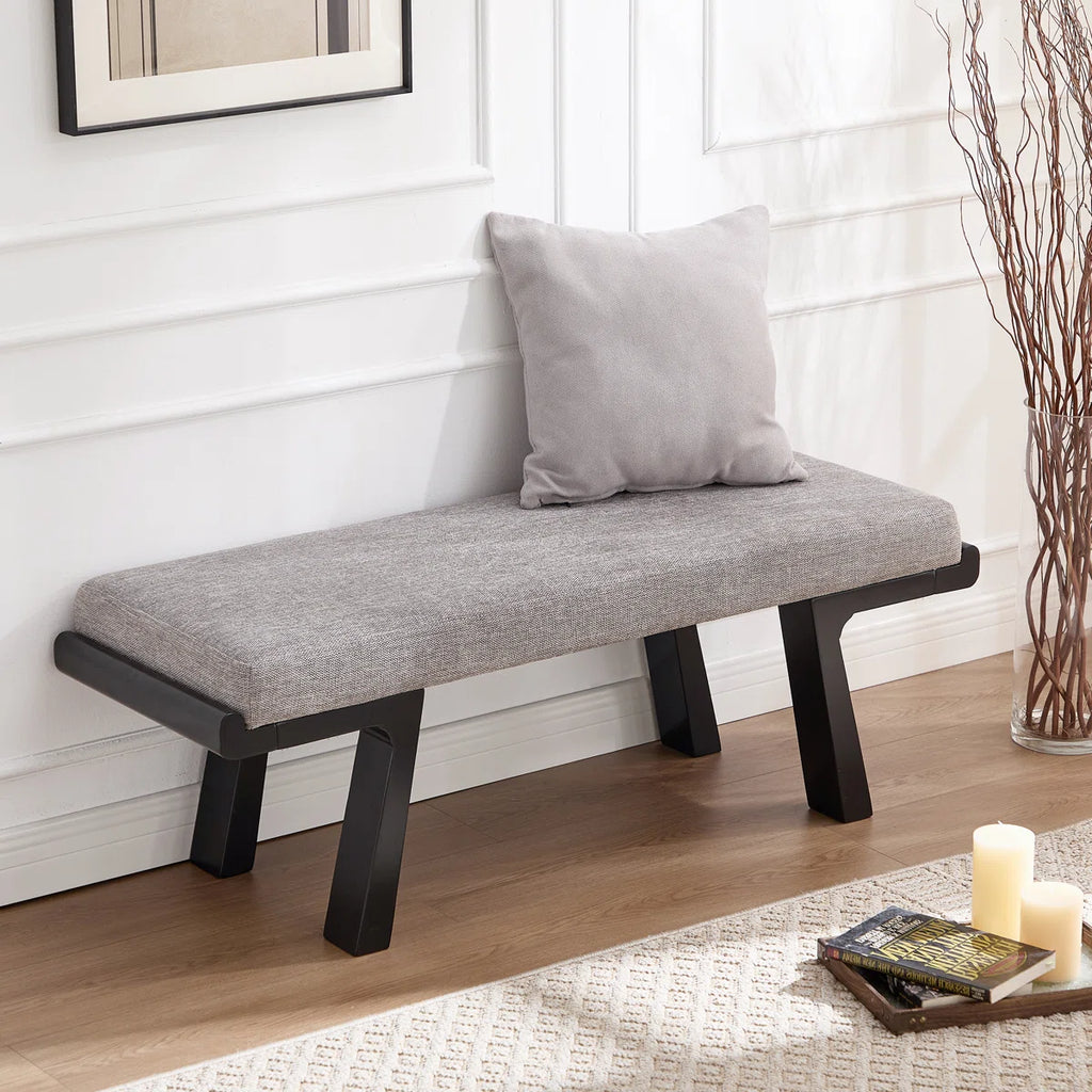 Gabriella Gray Cotton Linen Upholstered Four Leg Rubberwood Bench with Black Frame