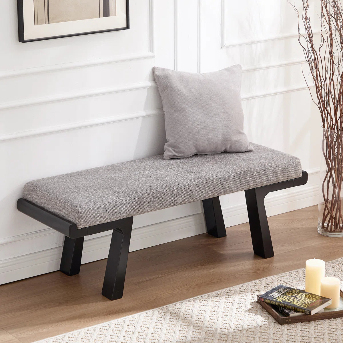 Gabriella Gray Cotton Linen Upholstered Four Leg Rubberwood Bench with Black Frame