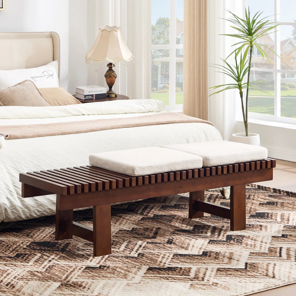 Okoboji 59.5" Mid-Century Solid Wood Slatted Bench
