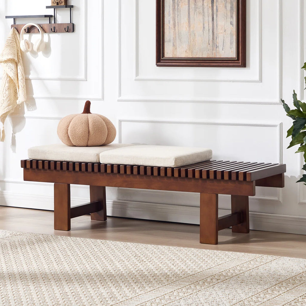 Okoboji 59.5" Mid-Century Solid Wood Slatted Bench