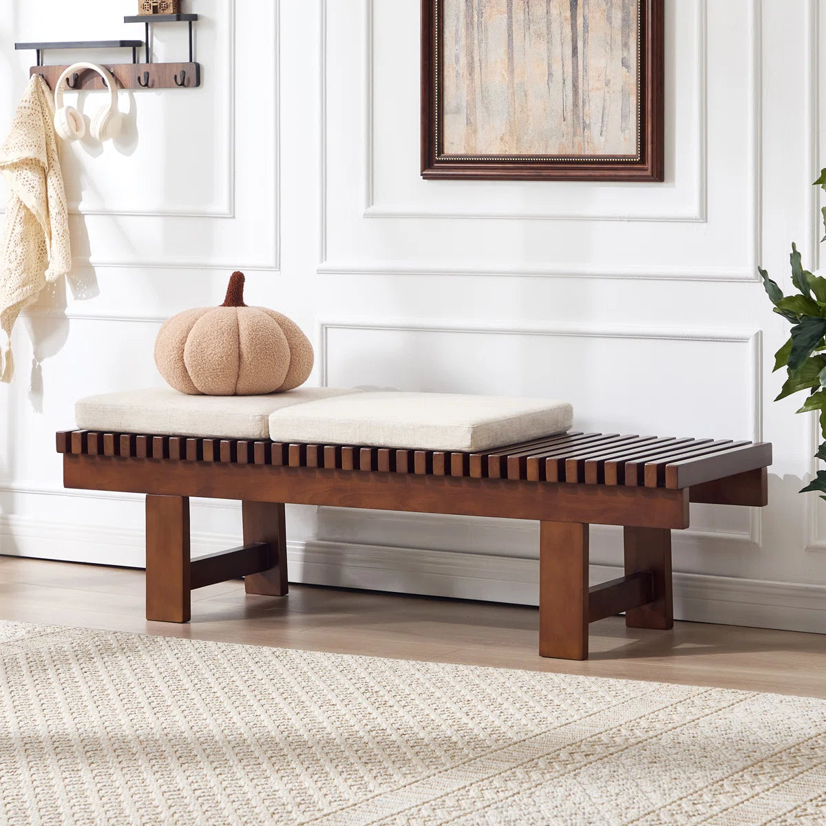 Okoboji 59.5" Mid-Century Solid Wood Slatted Bench