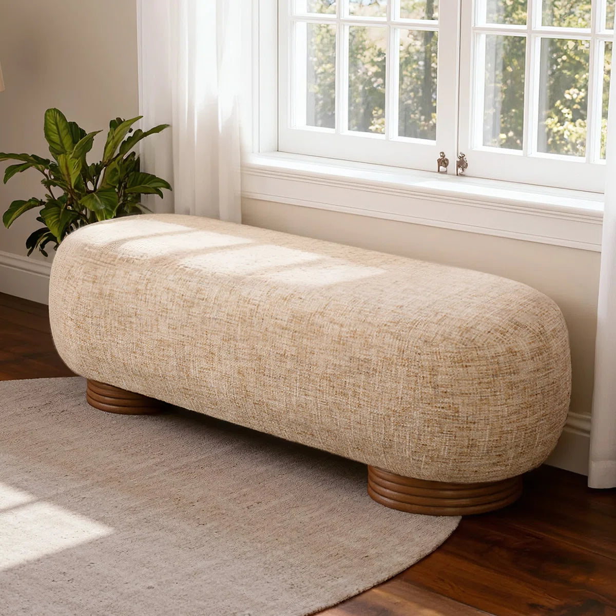59.1" Upholstered Bench With Solid Wood Frame And Bentwood Legs