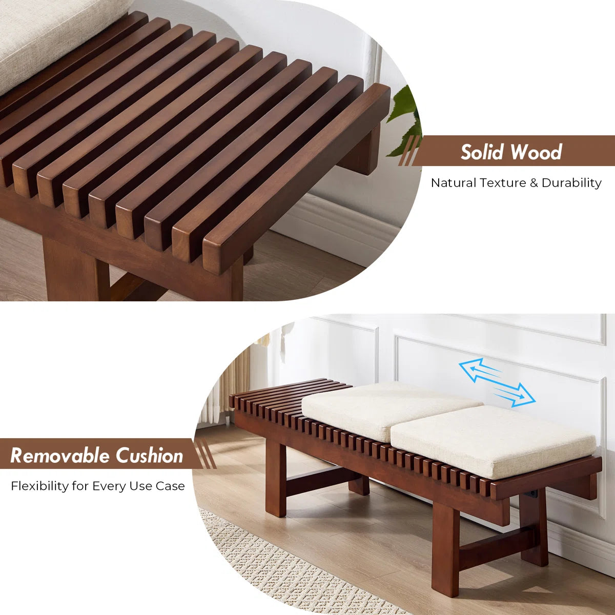 Okoboji 59.5" Mid-Century Solid Wood Slatted Bench