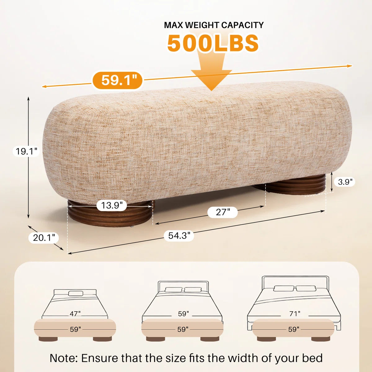 59.1" Upholstered Bench With Solid Wood Frame And Bentwood Legs