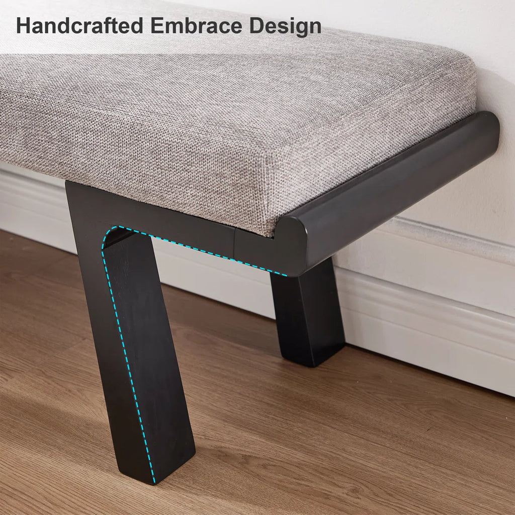Gabriella Gray Cotton Linen Upholstered Four Leg Rubberwood Bench with Black Frame