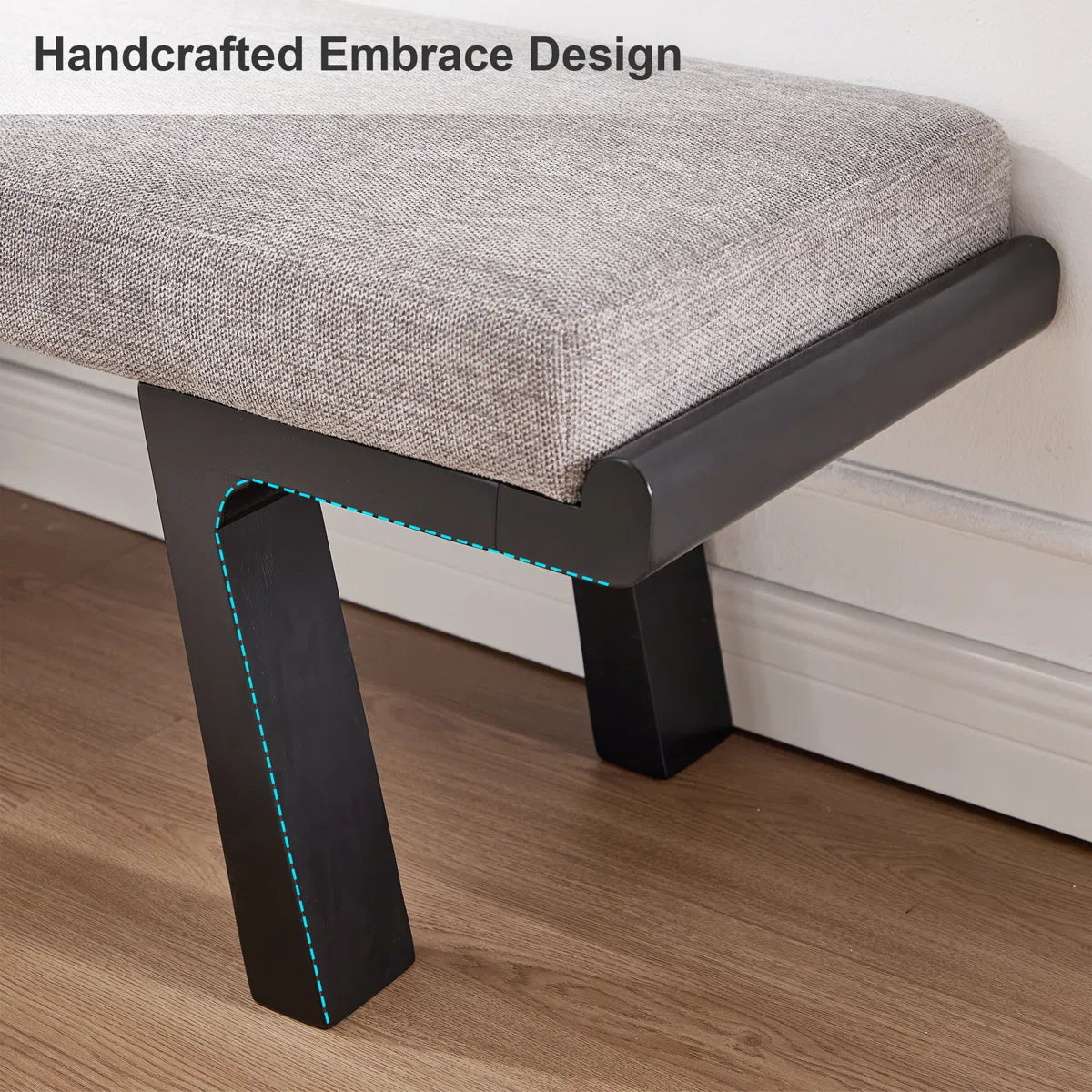 Gabriella Gray Cotton Linen Upholstered Four Leg Rubberwood Bench with Black Frame